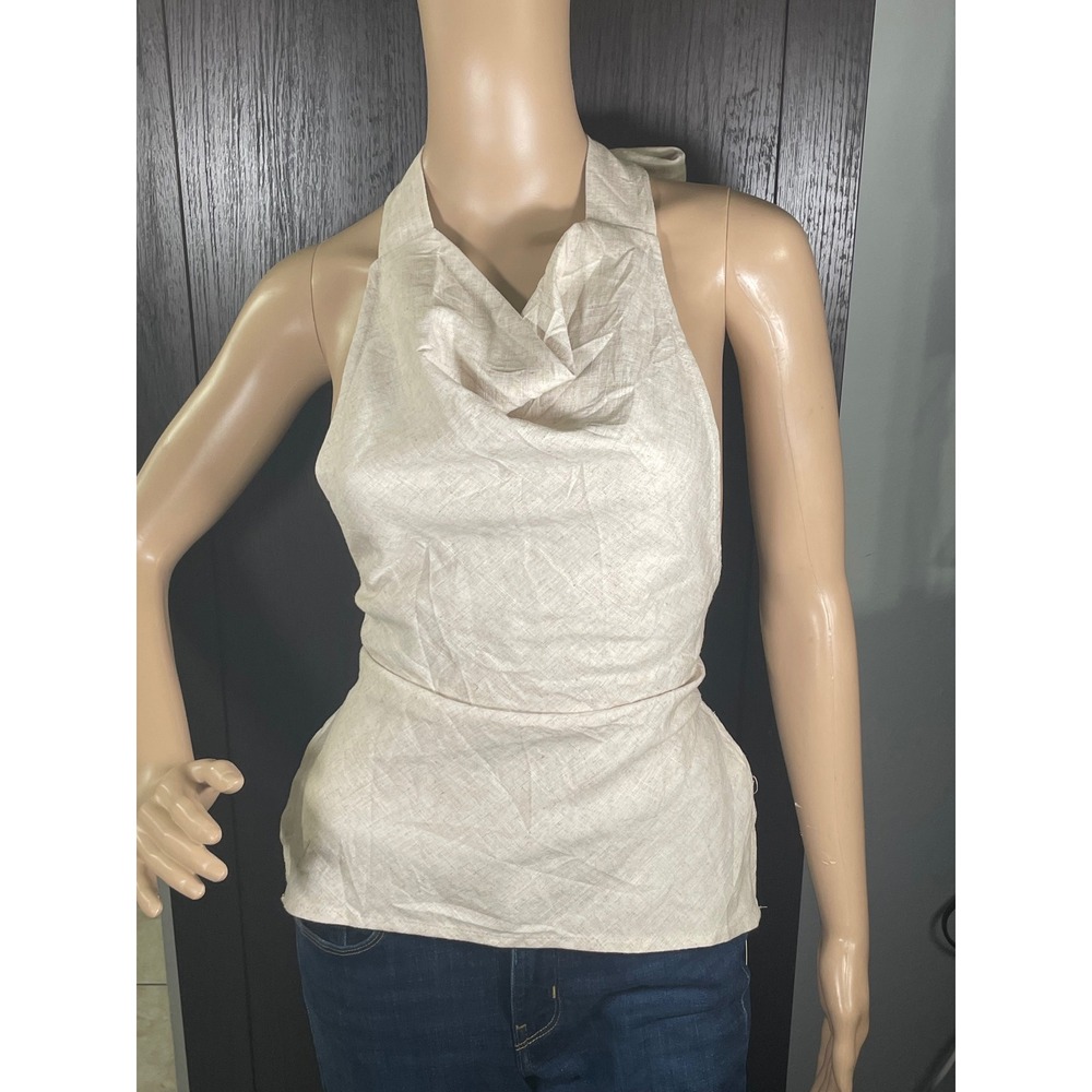 Missguided Womens Halter Neck Cowl Open Back Tie Top Beige Linen Blend XS NEW
